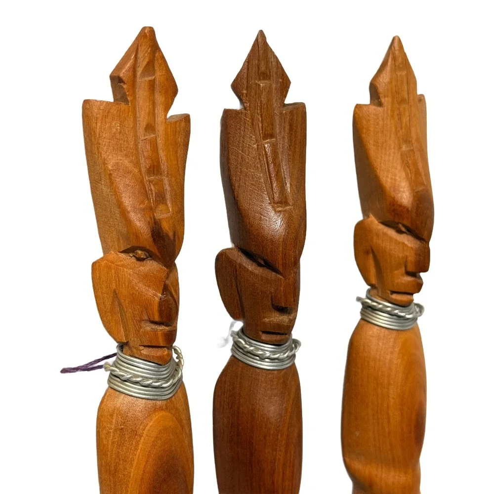 Vintage‎ Hand Carved Tribal Wood Salad Serving Set Fork Spoon Skewer 3pc 14.5in